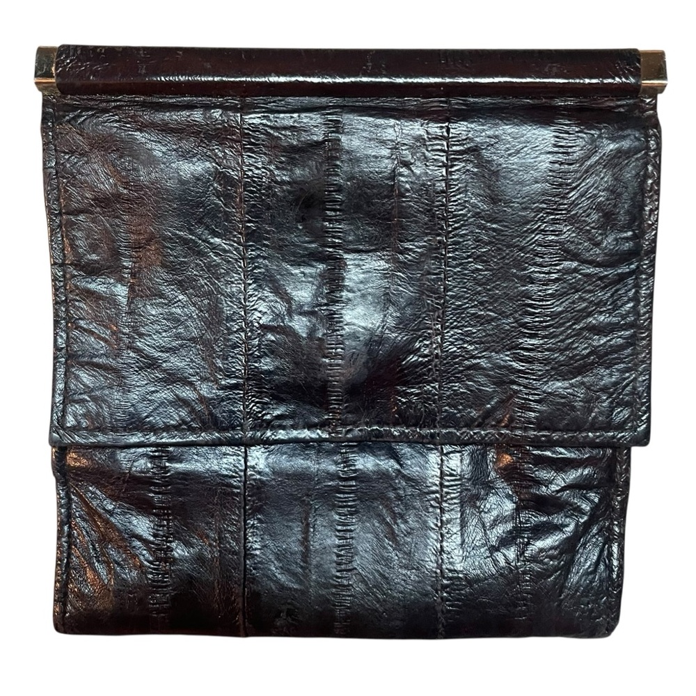Vintage Eel Skin Wallet Billfold Black & Gold Hardware